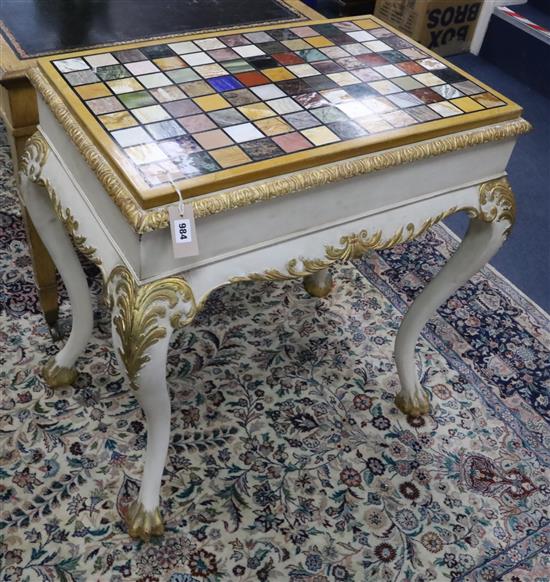 A George III-style painted parcel gilt centre table with specimen marble top W.86cm